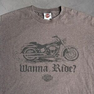 Vintage Harley Davidson Adamac Tee XL Brown "Wanna Ride?" Biker Y2K